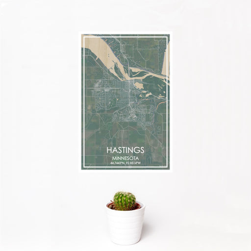 12x18 Hastings Minnesota Map Print Portrait Orientation in Afternoon Style With Small Cactus Plant in White Planter