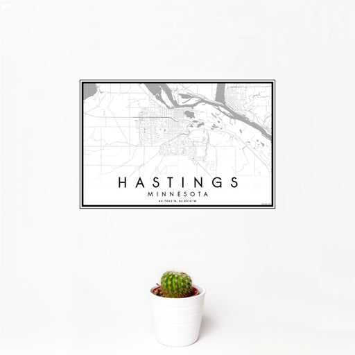 12x18 Hastings Minnesota Map Print Landscape Orientation in Classic Style With Small Cactus Plant in White Planter
