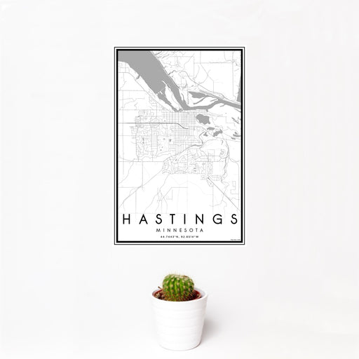 12x18 Hastings Minnesota Map Print Portrait Orientation in Classic Style With Small Cactus Plant in White Planter