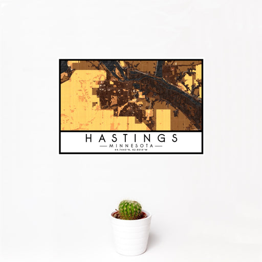 12x18 Hastings Minnesota Map Print Landscape Orientation in Ember Style With Small Cactus Plant in White Planter