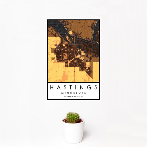 12x18 Hastings Minnesota Map Print Portrait Orientation in Ember Style With Small Cactus Plant in White Planter