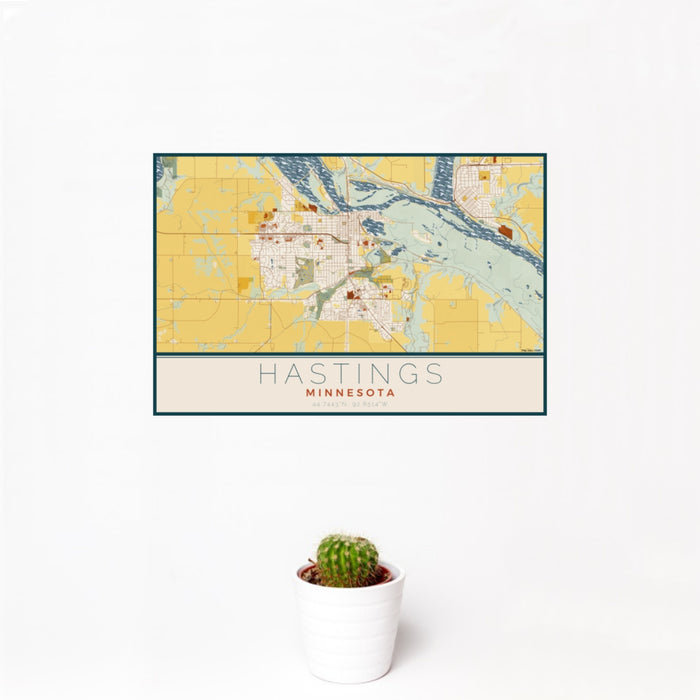 12x18 Hastings Minnesota Map Print Landscape Orientation in Woodblock Style With Small Cactus Plant in White Planter