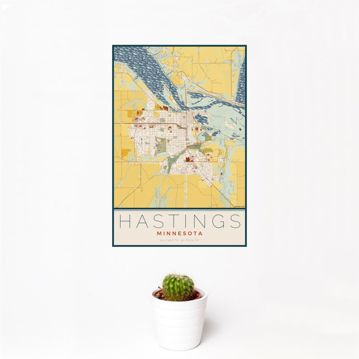 12x18 Hastings Minnesota Map Print Portrait Orientation in Woodblock Style With Small Cactus Plant in White Planter