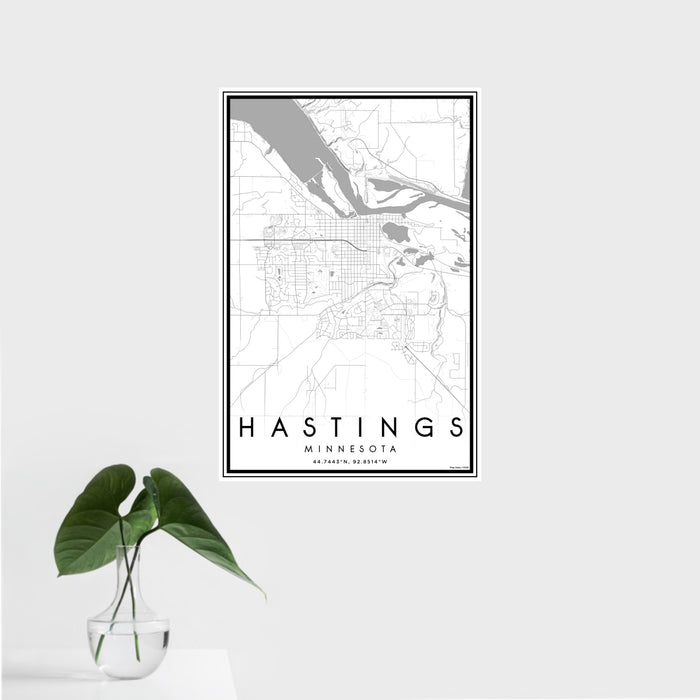 16x24 Hastings Minnesota Map Print Portrait Orientation in Classic Style With Tropical Plant Leaves in Water