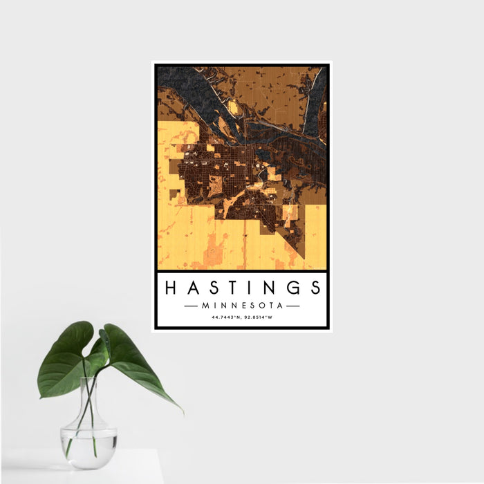 16x24 Hastings Minnesota Map Print Portrait Orientation in Ember Style With Tropical Plant Leaves in Water