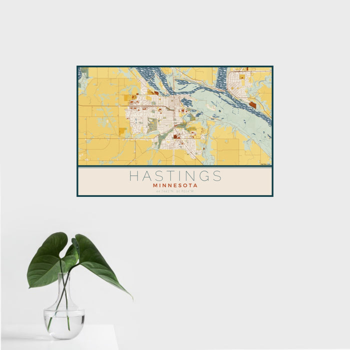 16x24 Hastings Minnesota Map Print Landscape Orientation in Woodblock Style With Tropical Plant Leaves in Water