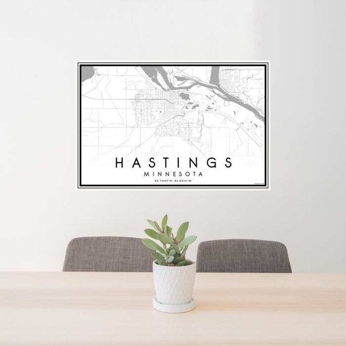 24x36 Hastings Minnesota Map Print Lanscape Orientation in Classic Style Behind 2 Chairs Table and Potted Plant