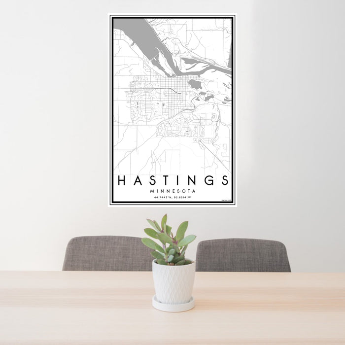 24x36 Hastings Minnesota Map Print Portrait Orientation in Classic Style Behind 2 Chairs Table and Potted Plant