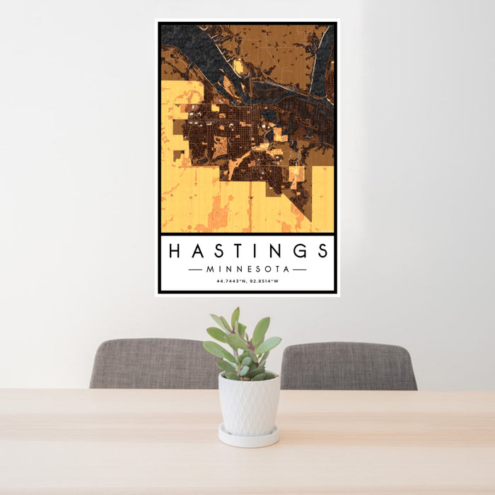 24x36 Hastings Minnesota Map Print Portrait Orientation in Ember Style Behind 2 Chairs Table and Potted Plant