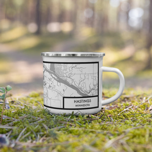 Right View Custom Hastings Minnesota Map Enamel Mug in Classic on Grass With Trees in Background