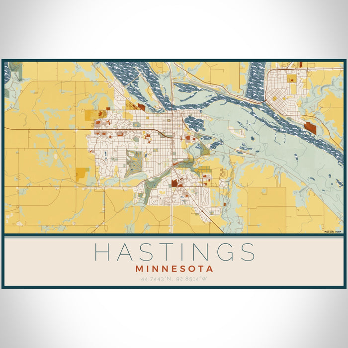 Hastings Minnesota Map Print Landscape Orientation in Woodblock Style With Shaded Background