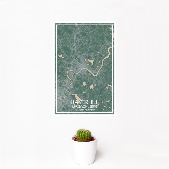 12x18 Haverhill Massachusetts Map Print Portrait Orientation in Afternoon Style With Small Cactus Plant in White Planter