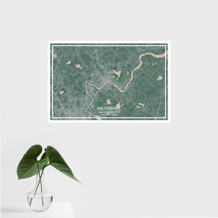 16x24 Haverhill Massachusetts Map Print Landscape Orientation in Afternoon Style With Tropical Plant Leaves in Water