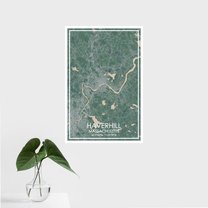 16x24 Haverhill Massachusetts Map Print Portrait Orientation in Afternoon Style With Tropical Plant Leaves in Water