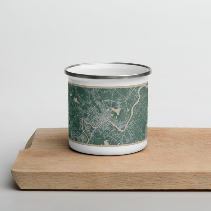Front View Custom Haverhill Massachusetts Map Enamel Mug in Afternoon on Cutting Board