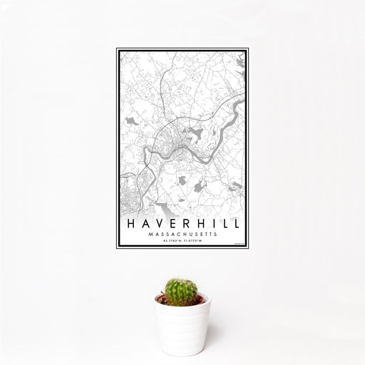 12x18 Haverhill Massachusetts Map Print Portrait Orientation in Classic Style With Small Cactus Plant in White Planter