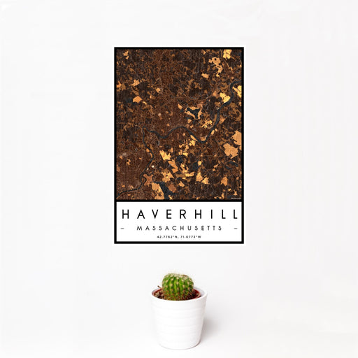 12x18 Haverhill Massachusetts Map Print Portrait Orientation in Ember Style With Small Cactus Plant in White Planter