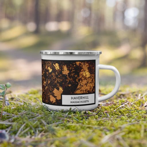 Right View Custom Haverhill Massachusetts Map Enamel Mug in Ember on Grass With Trees in Background