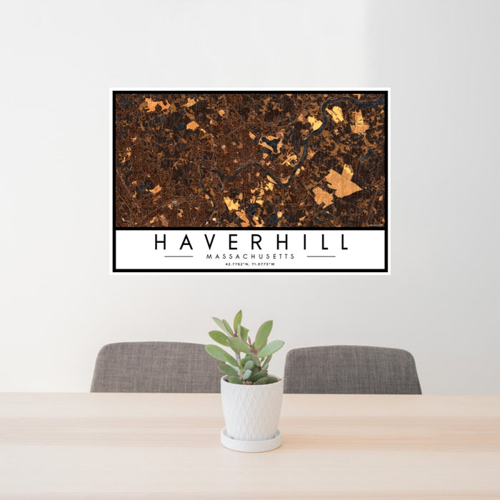 24x36 Haverhill Massachusetts Map Print Landscape Orientation in Ember Style Behind 2 Chairs Table and Potted Plant