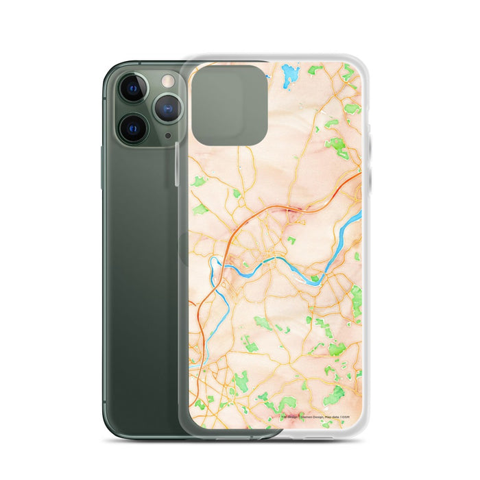 Custom Haverhill Massachusetts Map Phone Case in Watercolor on Table with Laptop and Plant