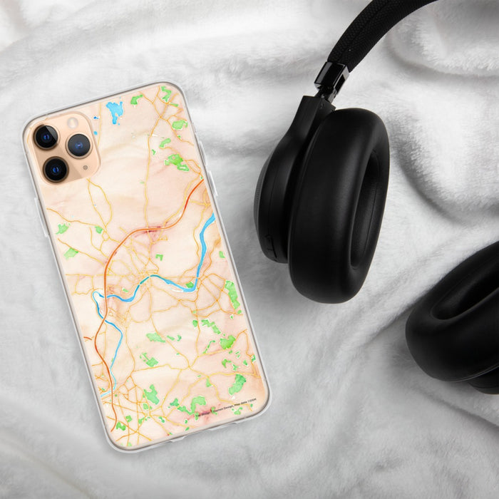 Custom Haverhill Massachusetts Map Phone Case in Watercolor on Table with Black Headphones