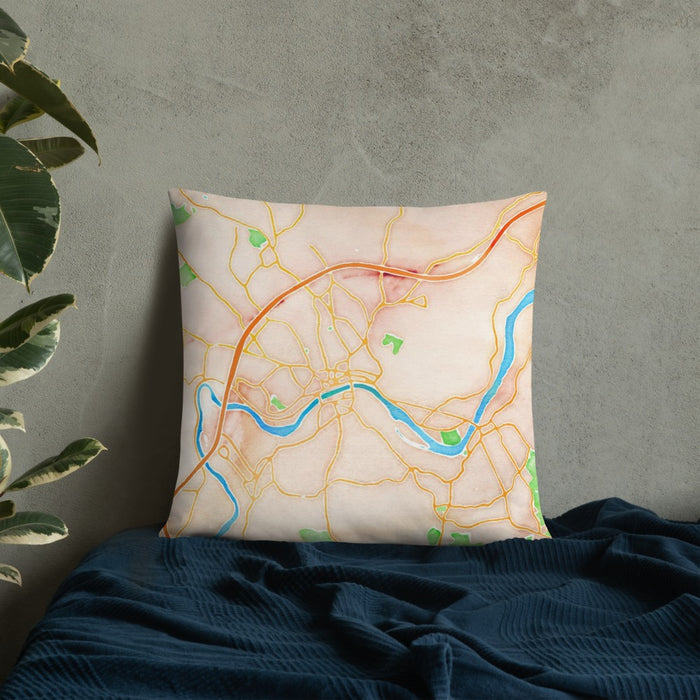 Custom Haverhill Massachusetts Map Throw Pillow in Watercolor on Bedding Against Wall