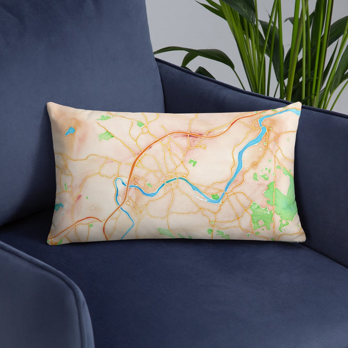 Custom Haverhill Massachusetts Map Throw Pillow in Watercolor on Blue Colored Chair