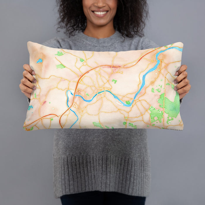 Person holding 20x12 Custom Haverhill Massachusetts Map Throw Pillow in Watercolor