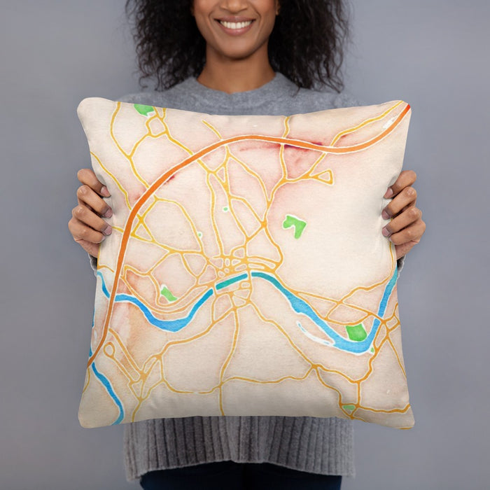 Person holding 18x18 Custom Haverhill Massachusetts Map Throw Pillow in Watercolor