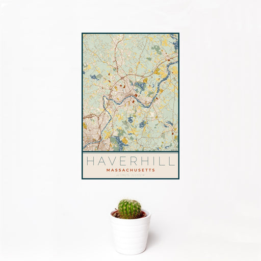 12x18 Haverhill Massachusetts Map Print Portrait Orientation in Woodblock Style With Small Cactus Plant in White Planter