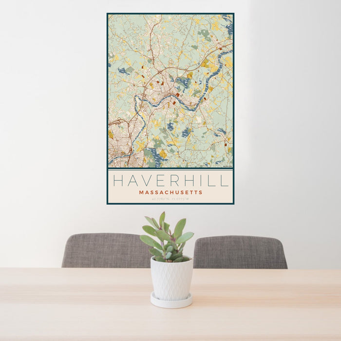 24x36 Haverhill Massachusetts Map Print Portrait Orientation in Woodblock Style Behind 2 Chairs Table and Potted Plant