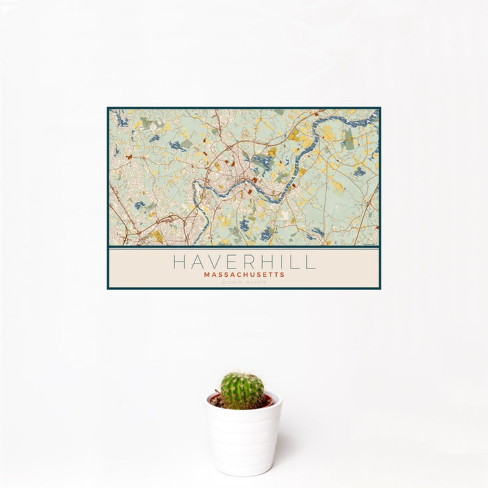 12x18 Haverhill Massachusetts Map Print Landscape Orientation in Woodblock Style With Small Cactus Plant in White Planter
