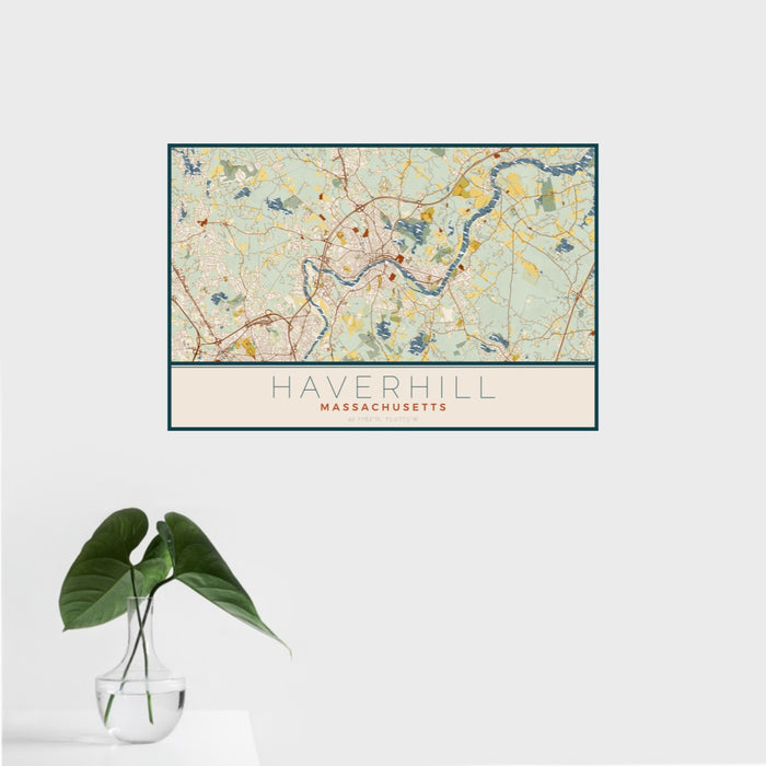 16x24 Haverhill Massachusetts Map Print Landscape Orientation in Woodblock Style With Tropical Plant Leaves in Water