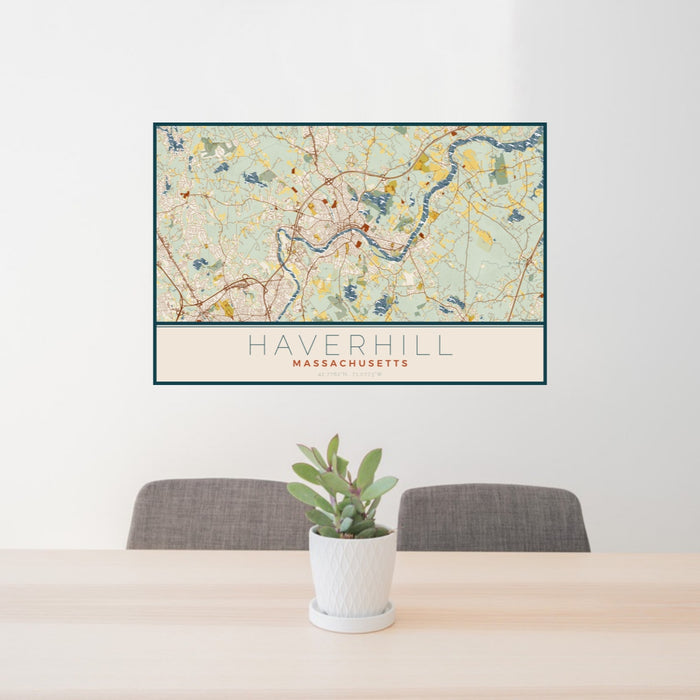 24x36 Haverhill Massachusetts Map Print Landscape Orientation in Woodblock Style Behind 2 Chairs Table and Potted Plant