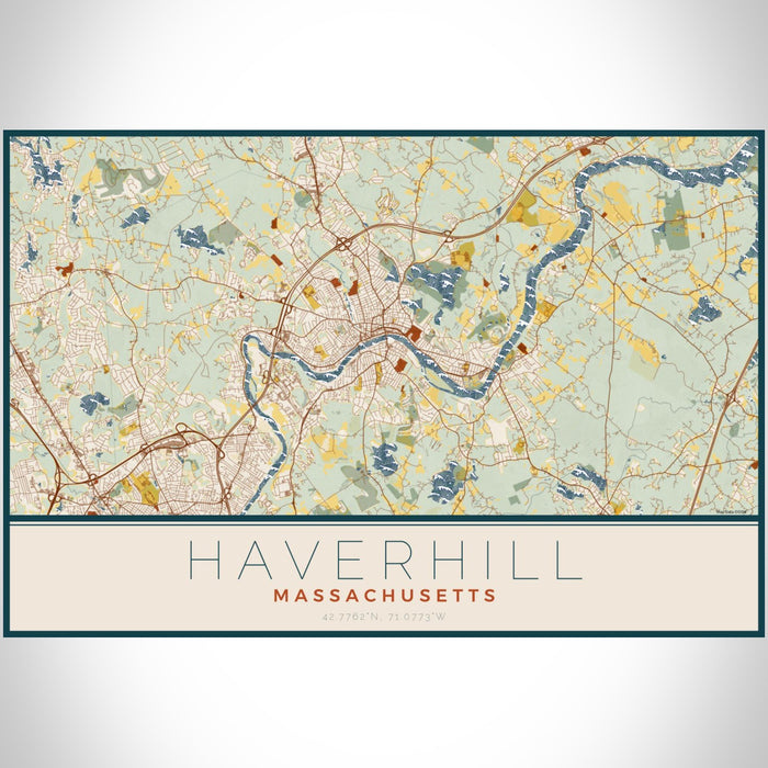 Haverhill Massachusetts Map Print Landscape Orientation in Woodblock Style With Shaded Background