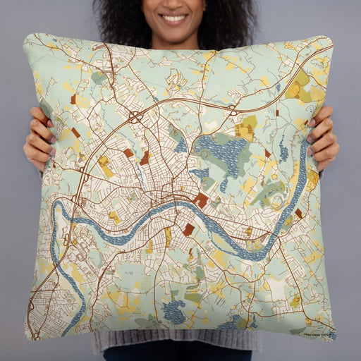 Person holding 22x22 Custom Haverhill Massachusetts Map Throw Pillow in Woodblock
