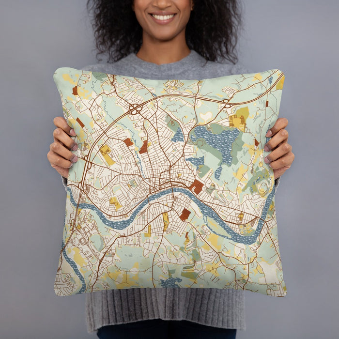Person holding 18x18 Custom Haverhill Massachusetts Map Throw Pillow in Woodblock
