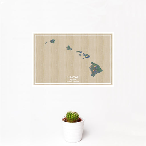 12x18 Hawaii Aloha Map Print Landscape Orientation in Afternoon Style With Small Cactus Plant in White Planter