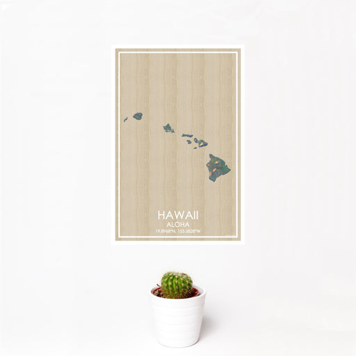 12x18 Hawaii Aloha Map Print Portrait Orientation in Afternoon Style With Small Cactus Plant in White Planter
