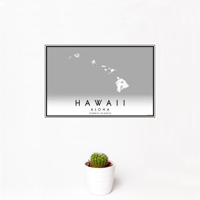12x18 Hawaii Aloha Map Print Landscape Orientation in Classic Style With Small Cactus Plant in White Planter