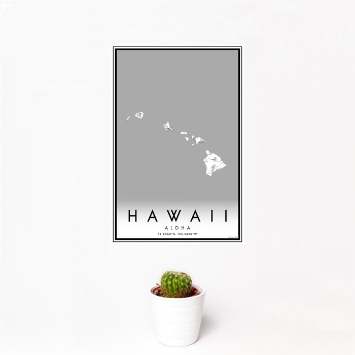 12x18 Hawaii Aloha Map Print Portrait Orientation in Classic Style With Small Cactus Plant in White Planter
