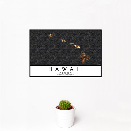 12x18 Hawaii Aloha Map Print Landscape Orientation in Ember Style With Small Cactus Plant in White Planter