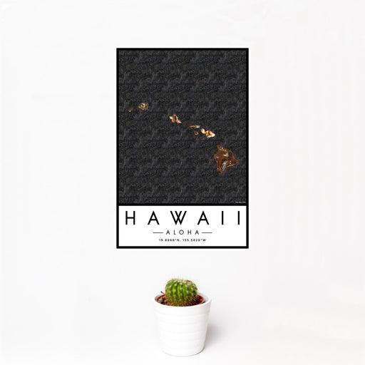 12x18 Hawaii Aloha Map Print Portrait Orientation in Ember Style With Small Cactus Plant in White Planter