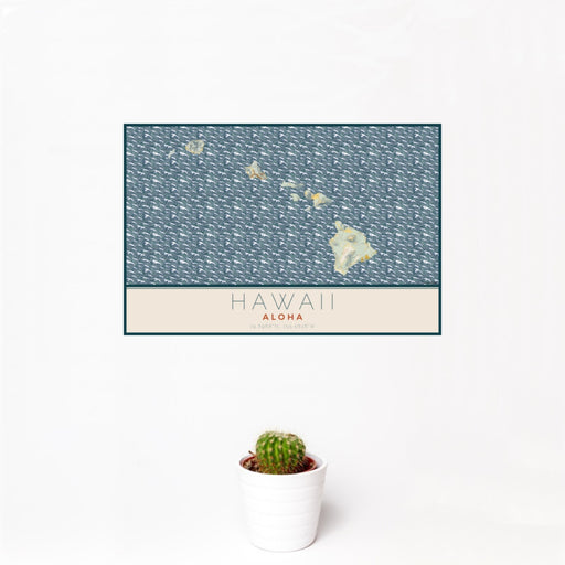 12x18 Hawaii Aloha Map Print Landscape Orientation in Woodblock Style With Small Cactus Plant in White Planter