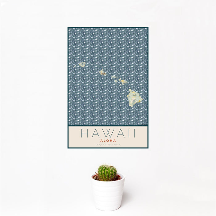 12x18 Hawaii Aloha Map Print Portrait Orientation in Woodblock Style With Small Cactus Plant in White Planter
