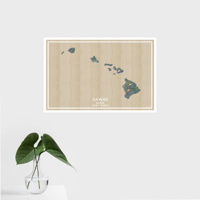 16x24 Hawaii Aloha Map Print Landscape Orientation in Afternoon Style With Tropical Plant Leaves in Water
