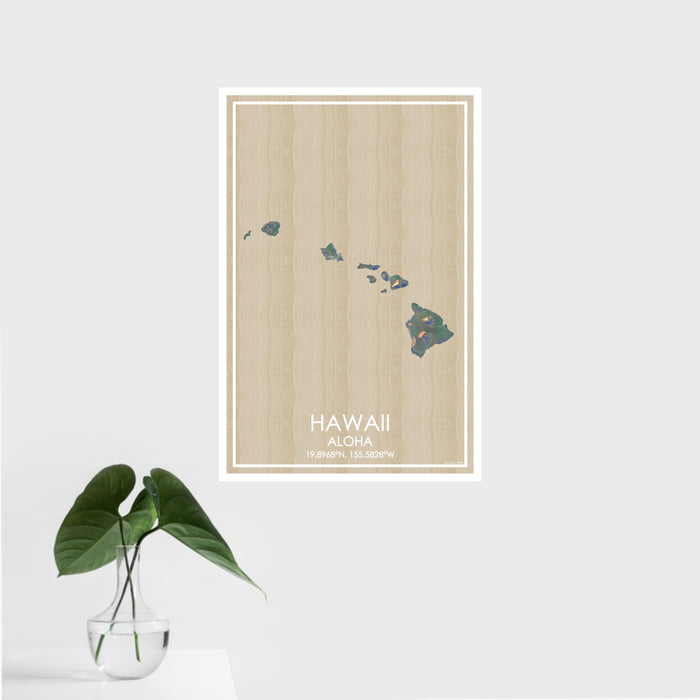 16x24 Hawaii Aloha Map Print Portrait Orientation in Afternoon Style With Tropical Plant Leaves in Water