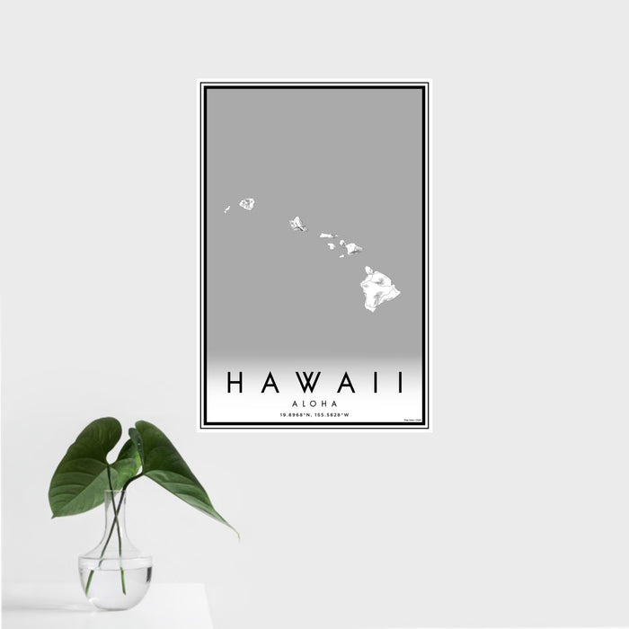 16x24 Hawaii Aloha Map Print Portrait Orientation in Classic Style With Tropical Plant Leaves in Water