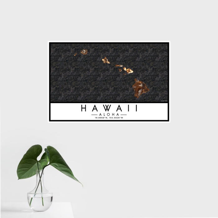 16x24 Hawaii Aloha Map Print Landscape Orientation in Ember Style With Tropical Plant Leaves in Water
