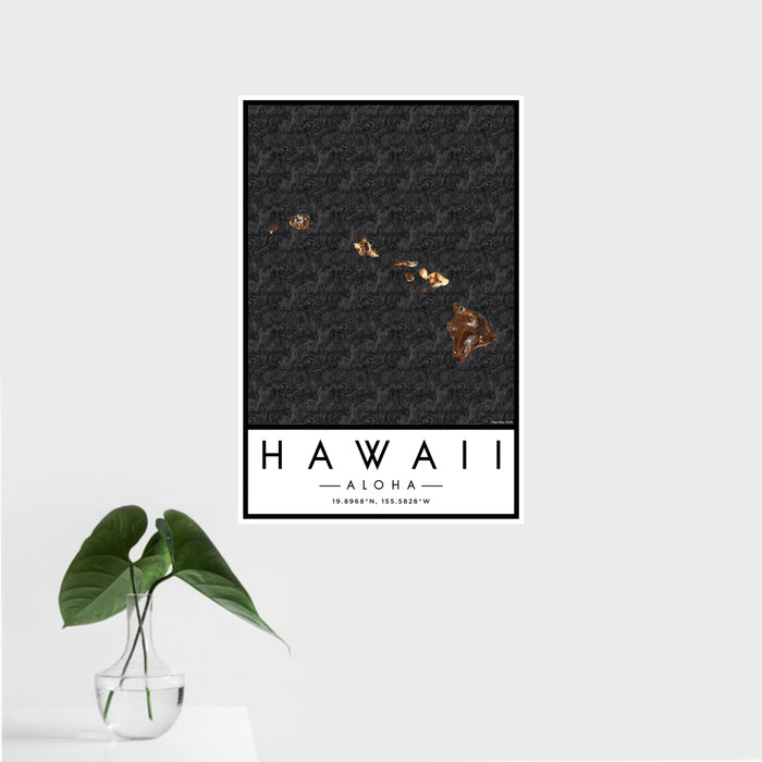 16x24 Hawaii Aloha Map Print Portrait Orientation in Ember Style With Tropical Plant Leaves in Water